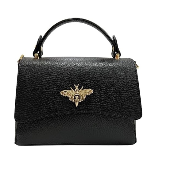 Persaman New York Black Leather Shoulder Bag with Gold Bee Accent - Picture 1 of 9